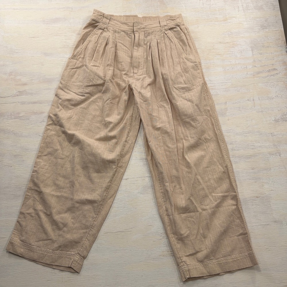 Free People Pants Pleated High Waist Wide Leg Cotton Tan Beige Womens Size 6